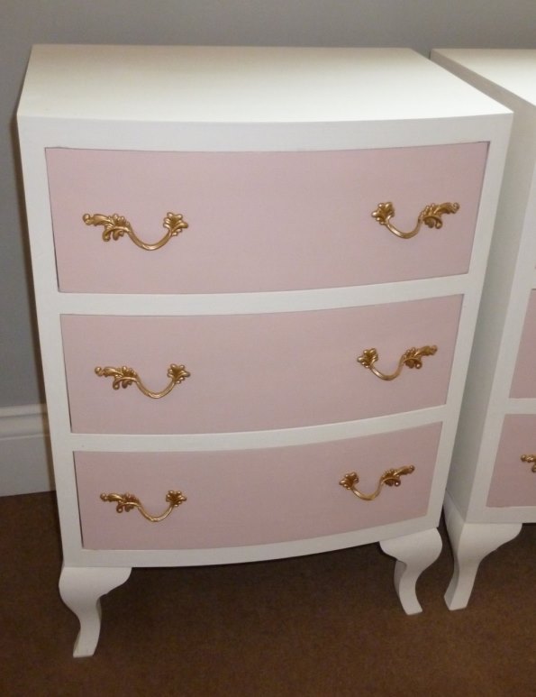 Bow fronted bedside tables in Old White and Pink